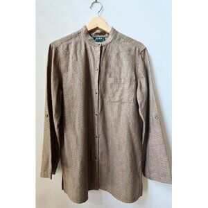 Ralph Lauren Brown Cream Mini Houndstooth Wool Silk Linen Tunic Blouse Medium M